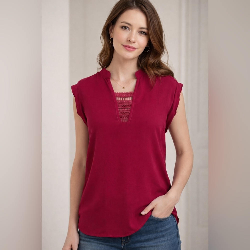 Mayuki Raspberry Sleeveless Blouse | Embroidered Split Neck Top | Size Small